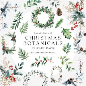 Aquarel kerst botanische clipartbundel | Wintergroene randen | Decor Knutselen | Hulstbessen | Krans | Bloemen | Uitnodigingskaarten