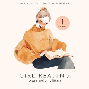 Fille lisant un livre des cliparts | Aquarelle | Rat de bibliothèque | Amateurs de livres | Esthétique confortable | Clipart livre mignon | Conception | Sticker numérique agenda