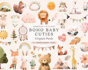 Boho Doodle Clipart | Aquarell Kunstdrucke Niedliches Tier PNG | Babyparty Grafiken | Mädchen | Junge | Teddybär | Kommerzielle Nutzung