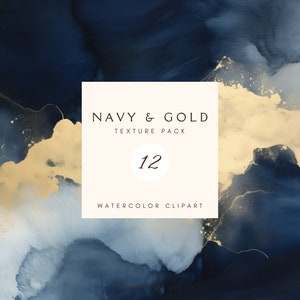 May include: A digital download of 12 watercolor clipart images in navy blue and gold. The images feature abstract, swirling patterns.