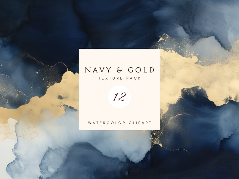 May include: A digital download of 12 watercolor clipart images in navy blue and gold. The images feature abstract, swirling patterns.