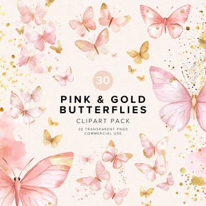 Clipart farfalla rosa e oro / Farfalle acquerello / Baby Shower / Download digitale / Uso commerciale PNG / Scrapbooking / Fai da te