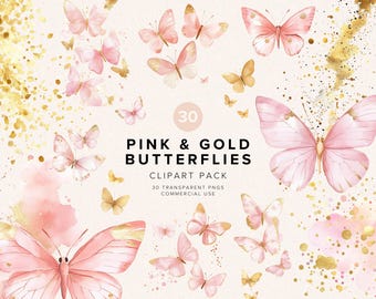 Pink And Gold Butterfly Clipart | Watercolor Butterflies | Baby Shower | Digital Download | Commercial Use PNG | Scrapbooking | DIY Crafts