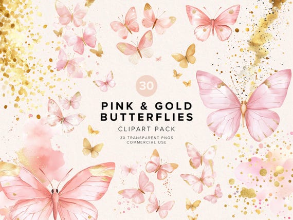Pink And Gold Butterfly Clipart | Watercolor Butterflies | Baby Shower | Digital Download | Commercial Use PNG | Scrapbooking | DIY Crafts