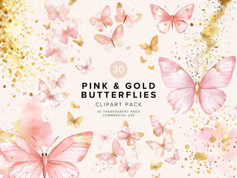 Puede incluir: Un paquete de clipart digital de 30 mariposas rosas y doradas. Las mariposas son ilustraciones de acuarela con un estilo delicado y femenino. El paquete incluye 30 archivos PNG transparentes para uso comercial.