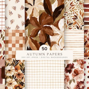 Puede incluir: Una colección de 50 papeles digitales con varios patrones que incluyen cuadros, dameros, lunares y diseños florales en tonos marrón, crema y óxido. El texto central dice 50 AUTUMN PAPERS 300 DPI JPEGS DIGITAL BACKGROUNDS.