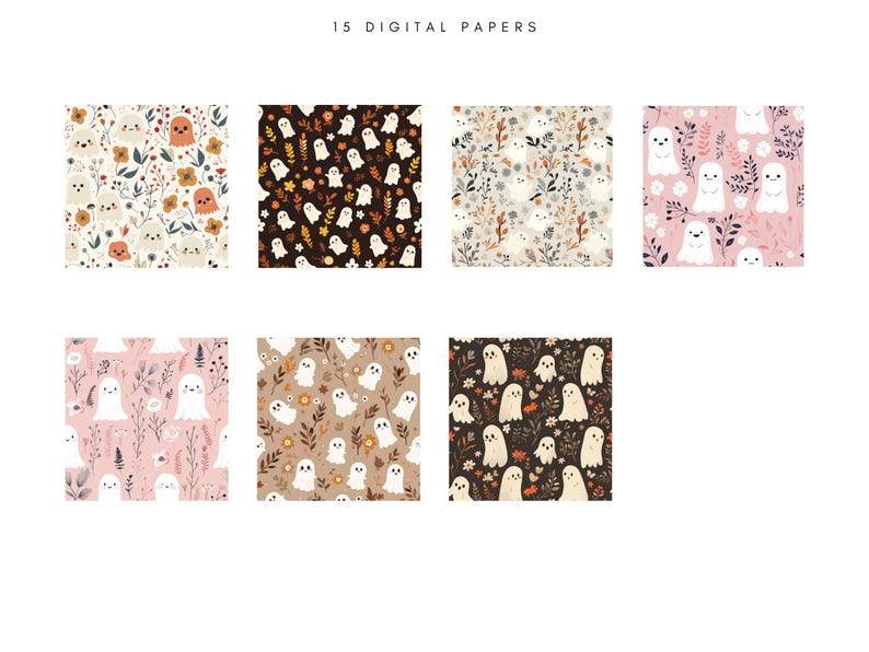 Pu&ograve; includere: 15 carte digitali con un simpatico motivo a fantasmi con accenti floreali in vari colori, tra cui rosa, marrone e bianco.