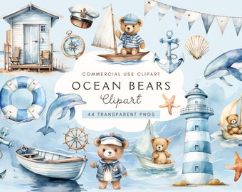 May include: Watercolor clipart set featuring adorable teddy bears dressed as sailors, nautical elements like a lighthouse, anchor, life preserver, and a sailboat, and ocean creatures like a dolphin and whale.  The set includes 44 transparent PNG files for commercial use.