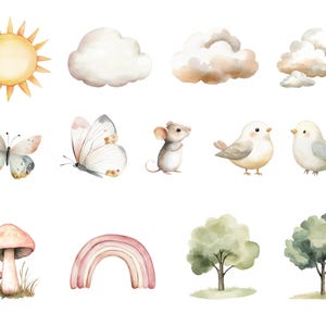 May include: Watercolor illustrations of a sun, clouds, butterflies, a mouse, birds, mushrooms, a rainbow, and trees. The illustrations are in shades of brown, white, yellow, pink, and green.