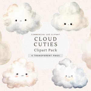 Nuage Cuties Clipart | Art numérique météo mignon pour enfants | Fichiers PNG pour décoration de chambre d'enfant | Fournitures créatives imprimables | Fabrication d'éléments