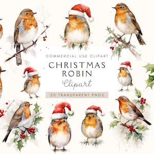 Aquarel kerst Robin Clipart |  Feestdecoratie | Papiermodellen | Kerstmuts | Hoge kwaliteit: 300 dpi | Illustratie Robin | Ongewenste tijdschriften