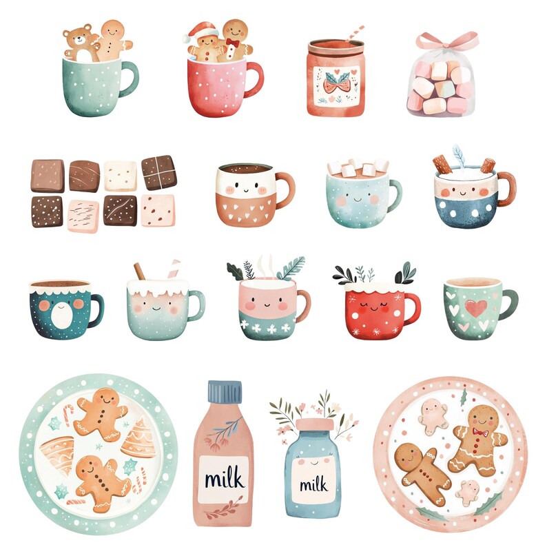 Puede incluir: Una ilustraci&oacute;n digital de un conjunto de chocolate caliente y galletas de jengibre con tem&aacute;tica navide&ntilde;a. La ilustraci&oacute;n presenta tazas de chocolate caliente con malvaviscos, galletas de jengibre, botellas de leche y un plato de galletas de jengibre. La ilustraci&oacute;n est&aacute; en un estilo de acuarela con un ambiente caprichoso y festivo.