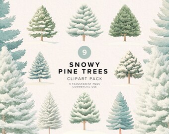 Op de afbeelding: Waterverfillustratie van negen besneeuwde dennenbomen in verschillende tinten groen en blauw. De tekst luidt "Snowy Pine Trees Clipart Pack" met details over het aantal PNG's en commercieel gebruik.
