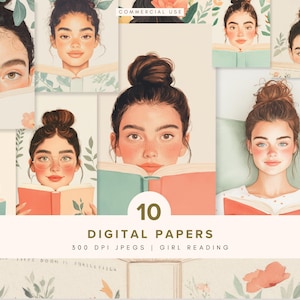 Mädchen-Lesebuch | Digitales Papier | Drucken | Clipart | Druckbare Kunst für Bücherliebende | Niedliche Mädchen-Grafiken | Junk Journal | Gemütlicher Bücherwurm
