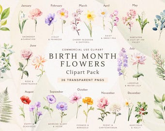 Watercolor Birth Month Flower Clipart | Diy Birth Month Flower Print Creator Kit | Flower Bouquet Graphic | Watercolor Antique Floral Png