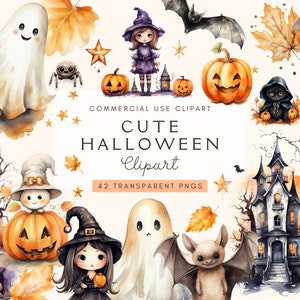 Ensemble de cliparts Halloween mignon | Fantômes Araignées Chauves-souris sorcières | Téléchargement instantané | Lot de graphismes aquarelle | Utilisation commerciale | PNG transparents