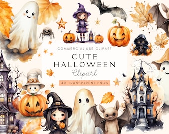 Söt Halloween Clipart-set | Spöken, spindlar, häxor, fladdermöss | Direkt nedladdning | Akvarellgrafikpaket | Kommersiellt bruk | Transparenta PNG-filer