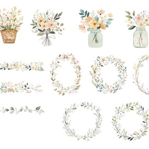 K&ouml;nnte beinhalten: Aquarellillustrationen von Blumenarrangements und dekorativen Elementen. Das Bild zeigt Blumenstr&auml;u&szlig;e, Blumen in Einmachgl&auml;sern, Kr&auml;nze und Blumenbord&uuml;ren. Die Farbpalette umfasst sanfte Gelb-, Gr&uuml;n- und Rosat&ouml;ne und erzeugt eine zarte und nat&uuml;rliche &Auml;sthetik.