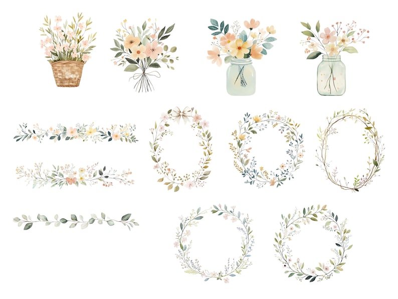 K&ouml;nnte beinhalten: Aquarellillustrationen von Blumenarrangements und dekorativen Elementen. Das Bild zeigt Blumenstr&auml;u&szlig;e, Blumen in Einmachgl&auml;sern, Kr&auml;nze und Blumenbord&uuml;ren. Die Farbpalette umfasst sanfte Gelb-, Gr&uuml;n- und Rosat&ouml;ne und erzeugt eine zarte und nat&uuml;rliche &Auml;sthetik.