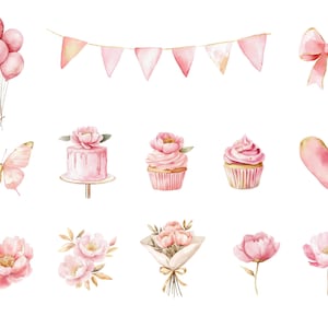May include: Watercolor illustrations of pink birthday party decorations, including balloons, a banner, a cake, cupcakes, flowers, a butterfly, a heart, and a bow.