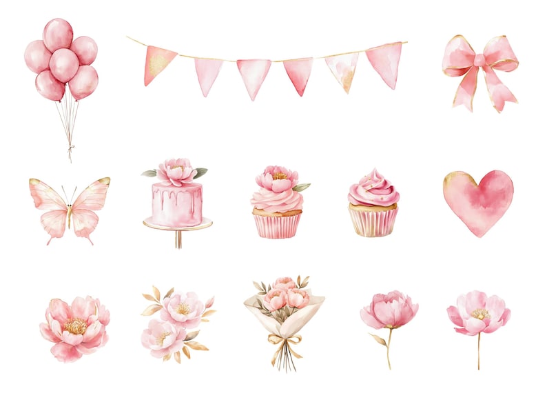 May include: Watercolor illustrations of pink birthday party decorations, including balloons, a banner, a cake, cupcakes, flowers, a butterfly, a heart, and a bow.