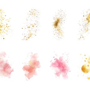 Puede incluir: Un conjunto de gr&aacute;ficos digitales de acuarela con purpurina dorada y salpicaduras de acuarela rosa. Los gr&aacute;ficos son perfectos para agregar un toque de brillo y fantas&iacute;a a tus dise&ntilde;os.