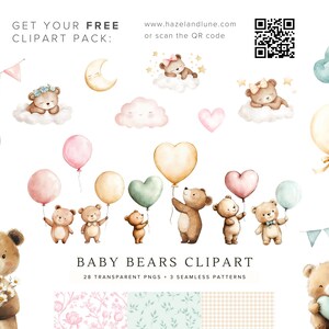 Boho Woodland Bear Clipart | Whimsical Forest Animals | Watercolor PNG for Baby Shower | Nursery Art | Cute Baby Bear | Digital Download image 10