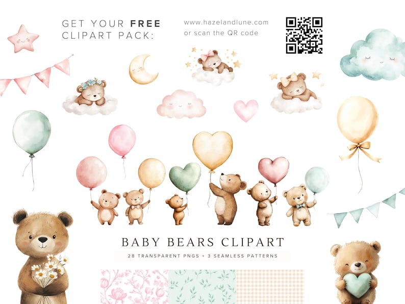 Boho Woodland Bear Clipart | Whimsical Forest Animals | Watercolor PNG for Baby Shower | Nursery Art | Cute Baby Bear | Digital Download image 10
