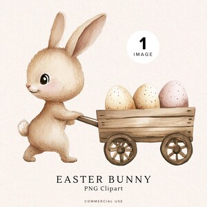 Lindo conejito de Pascua y huevos Clipart / Adorable arte de conejo / Descarga digital para manualidades / Gráficos de Pascua extravagantes / Carro con huevos de Pascua