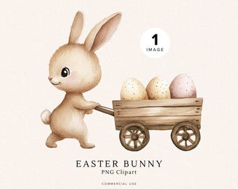 Schattige paashaas en eieren clipart | Schattige konijnenkunst | Digitale download voor knutselen | Grillige paasafbeeldingen | Wagen met paaseieren