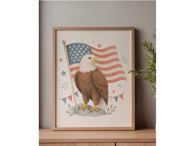 May include: A framed watercolor print featuring an American bald eagle with a white head and brown body, standing before a waving American flag. The artwork includes stars, fireworks, and bunting in red, white, and blue.