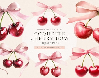 Cherry and Bow Clipart | Watercolor Cherry Art | Cute Coquette Design | PNG | Digital Download | Perfect for Crafts | Ideal for Invitations