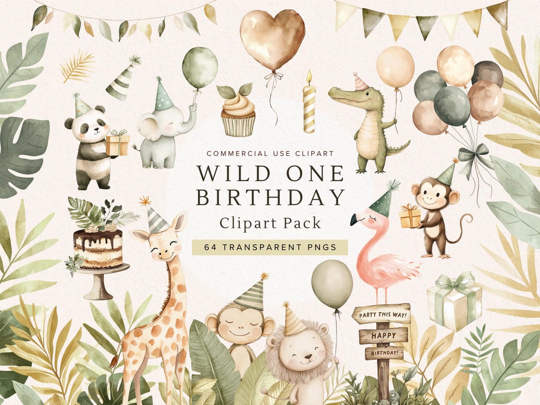 Safari Birthday Party Clipart | Wild One | Cute Boho Jungle Animals PNG ...