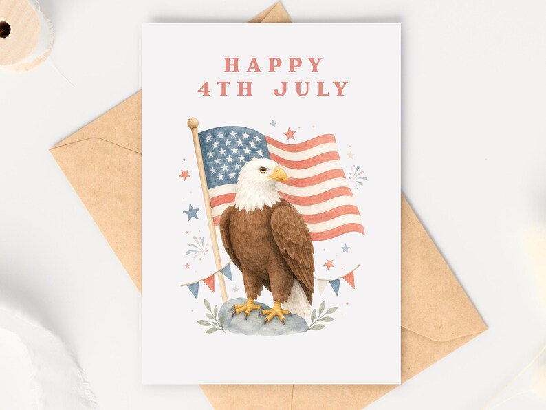 May include: A greeting card with the text "HAPPY 4TH JULY" above an illustration of an American flag and a bald eagle. The eagle is brown and white, perched on a rock. The flag is red, white, and blue.