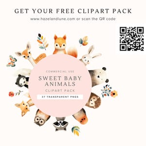 May include: A pink circle with the text "COMMERCIAL USE SWEET BABY ANIMALS CLIPART PACK 37 TRANSPARENT PNGS" surrounded by watercolor illustrations of baby animals, including a fox, deer, rabbit, owl, raccoon, hedgehog, and panda.