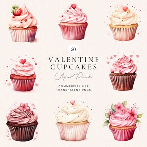 Valentijn cupcake-clipart | Aquarel Valentijnsdag cupcakes illustraties | Liefdeshartentaarten | Chocolade | Valentijnsdag, png-bestand | Commercieel gebruik