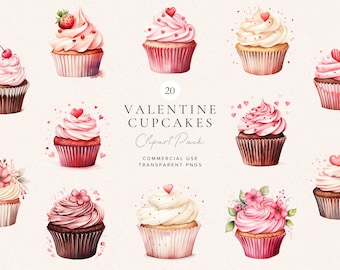 Valentinstag Cupcake Clipart | Aquarell Valentinstag Cupcakes Clip Art | Liebe Herz Kuchen | Schokolade | Valentinstag PNG | Kommerzielle Nutzung