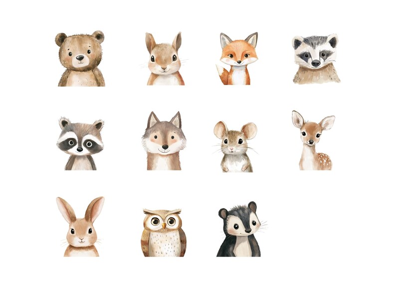 May include: A set of 10 watercolor illustrations of woodland animals, including a bear, rabbit, fox, raccoon, wolf, mouse, deer, owl, and a skunk. The animals are all facing forward and have a cute, cartoonish style.