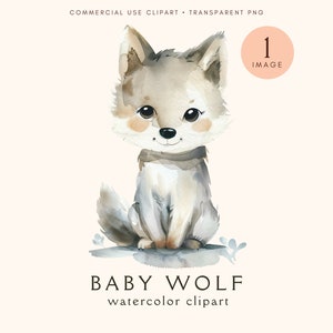 Bebé lobo acuarela clipart / vivero decoración arte / descarga digital instantánea / cachorro de lobo / diario basura / animales lindos png / uso comercial