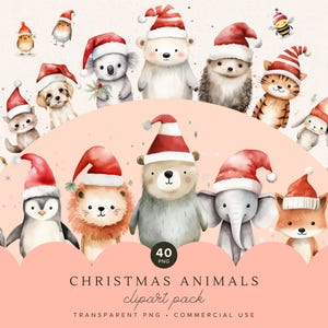 Christmas Animals Watercolor Clipart | Animals With Santa Hat | Santa Hat Clip Art | Winter Clipart | Commercial Use | Digital Download