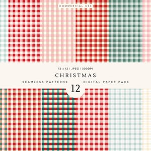 May include: A digital paper pack featuring 12 seamless gingham patterns in various colour combinations including red, green, light blue, pink, and cream. The text reads: COMMERCIAL USE, 12 x 12 | JPEG | 300DPI, CHRISTMAS, SEAMLESS PATTERNS, DIGITAL PAPER PACK, 12.
