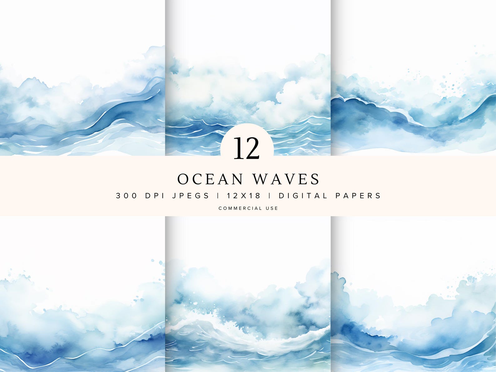 Ocean Waves | Watercolour Digital Paper Pack | Blue Pattern | Instant ...