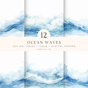 Meereswellen | Aquarell Digitales Papier | Blau Muster | Sofortiger digitaler Download | Kommerzielle Nutzung | Scrapbooking | Junk Journal