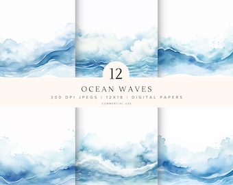 Ocean Waves | Watercolour Digital Paper Pack | Blue Pattern | Instant Digital Download | Commercial Use | Scrapbooking | Junk Journal