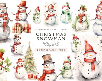 Watercolor Christmas Snowman Clipart | Cute Snowman Clip Art | Holiday Invitation | Cards | Scrapbook | Transparent PNG | Digital Download