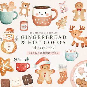 Clipart de chocolate caliente / Lindo hombrecito de jengibre PNG / Clipart de taza de chocolate caliente navideña / Arte invernal acogedor / Descarga digital para scrapbooking imagen 1