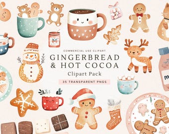 Clipart de chocolate caliente / Lindo hombrecito de jengibre PNG / Clipart de taza de chocolate caliente navideña / Arte invernal acogedor / Descarga digital para scrapbooking
