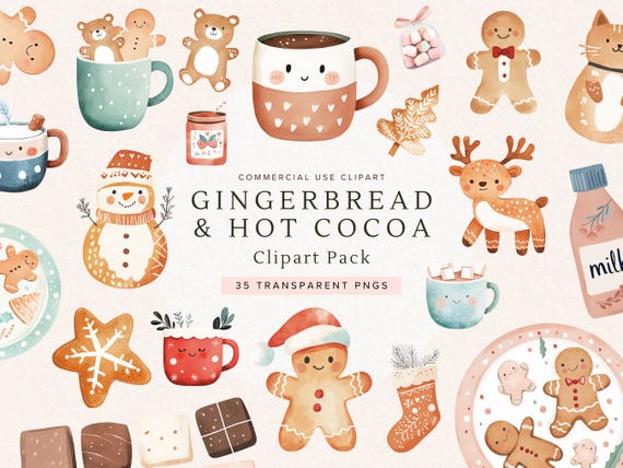 Hot Cocoa Clipart | Cute Gingerbread Man PNG | Christmas Hot Chocolate Mug Clipart |  Cozy Winter Art  | Digital Download for Scrapbooking
