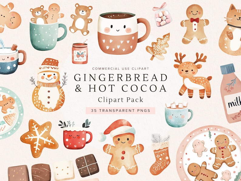 Clipart de chocolate caliente / Lindo hombrecito de jengibre PNG / Clipart de taza de chocolate caliente navideña / Arte invernal acogedor / Descarga digital para scrapbooking imagen 1