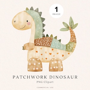 Könnte beinhalten: Aquarell-Illustration eines Patchwork-Dinosauriers. Der Dinosaurier hat einen hellgrünen Kopf und Rücken, mit einem Körper aus verschiedenen gemusterten Flicken. Der Text "PATCHWORK DINOSAUR PNG Clipart" befindet sich unten.